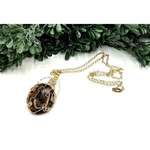 Tigers Eye Pendant Necklace With Gold Wire Wrap and Chain
